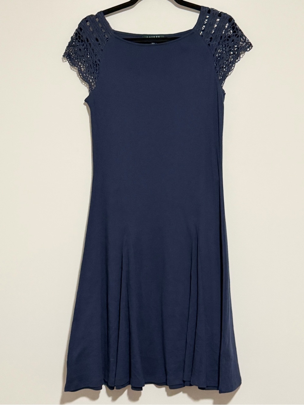 Lauren Ralph Lauren Navy Midi Fit Flare Dress with Crochet Cap Sleeves